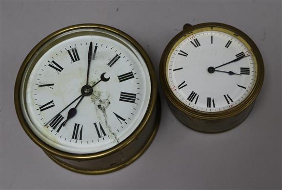 A French brass drum clock with Roman dial and a smaller similar example, H 13.5cm & 11.5cm